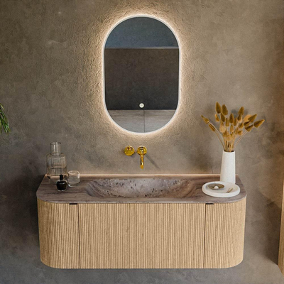 MONDIAZ KURVE-DLUX Meuble de salle de bains 120cm arrondi Gauche + Droite couleur Chêne avec 1 tiroir et 2 portes. Lavabo BIG SMALL Central sans trou de robinetterie Oza.