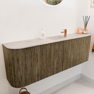 Mondiaz JOYA-DLUX meuble WC 123,2 cm - arrondi à gauche et à droite couleur Dusk - lavabo FAYE position centrale 1 trou de robinet couleur Ostra.