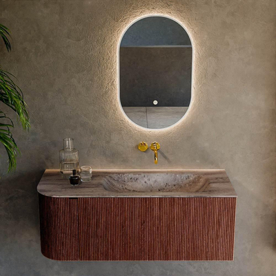 MONDIAZ KURVE-DLUX Meuble de salle de bains 115cm arrondi à gauche couleur Ruby avec 1 tiroir et 1 porte. Lavabo BIG SMALL à droite sans trou de robinet Oza.