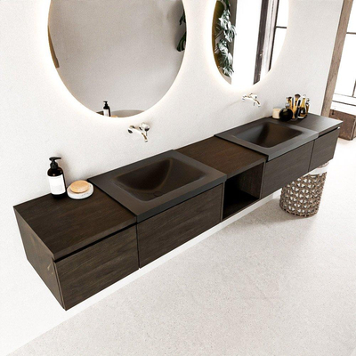 MONDIAZ BUKLA 240cm badmeubel met open module 40 midden kleur Dark Brown met 4 lades. Wastafel CLOUD dubbel 0 kraangaten kleur Urban.