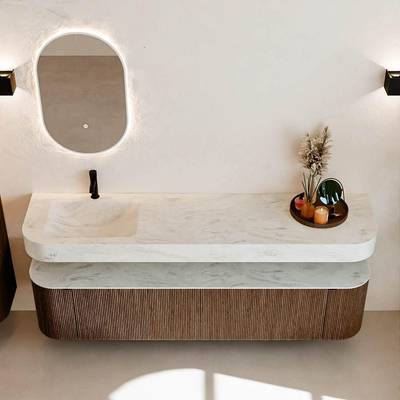 MONDIAZ THOR-DLUX Meuble de salle de bains - 190cm - arrondi gauche + droite - couleur Walnut - 2 tiroirs et 2 portes - Vasque suspendue CLOUD Gauche 1 trou de robinet - couleur Opalo