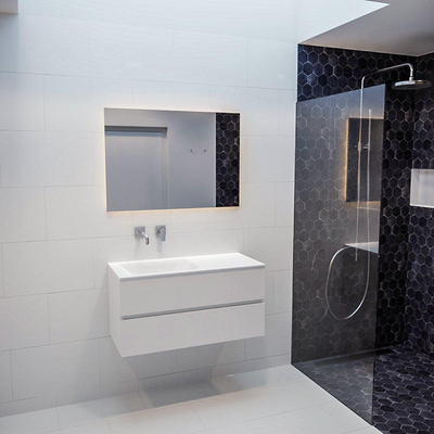 MONDIAZ VICA Badkamermeubelset - 100cm - 2 lades - wasbak Cloud links - 0 kraangaten - solid surface talc OUTLETSTORE