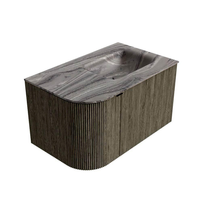 MONDIAZ KURVE-DLUX Meuble de salle de bains 75cm arrondi à gauche couleur Shadow avec 1 tiroir et 1 porte. Lavabo GRUNNE à droite 1 trou de robinet Sombra.