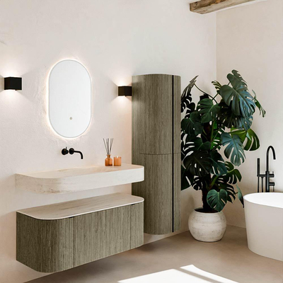 MONDIAZ THOR-DLUX 110cm meuble de salle de bains arrondi gauche + droite couleur Shadow avec 1 tiroir et 2 portes. Vasque suspendue CLOUD Milieu sans trou de robinet couleur Meli.