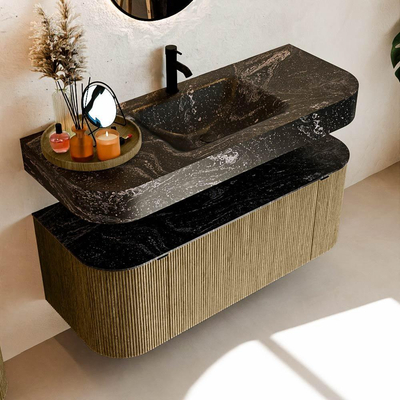 MONDIAZ THOR-DLUX 120cm meuble de salle de bains arrondi gauche + droite couleur Dusk avec 1 tiroir et 2 portes. Vasque suspendue CLOUD Milieu 1 trou de robinet couleur Lava.