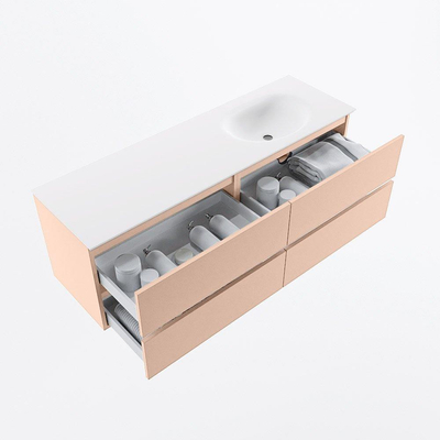 Mondiaz VICA ensemble de meuble de salle de bain - 150cm - meuble sous-vasque rosee - 4 tiroirs - lavabo moon droite - sans trous de robinet - version haute de 60cm - talc