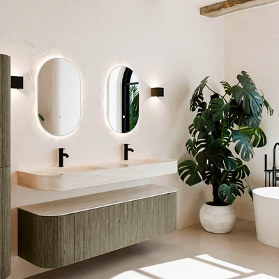 MONDIAZ THOR-DLUX 160cm meuble de salle de bains arrondi gauche + droite couleur Shadow avec 1 tiroir et 2 portes. Vasque suspendue CLOUD Double 2 trous de robinet couleur Meli.