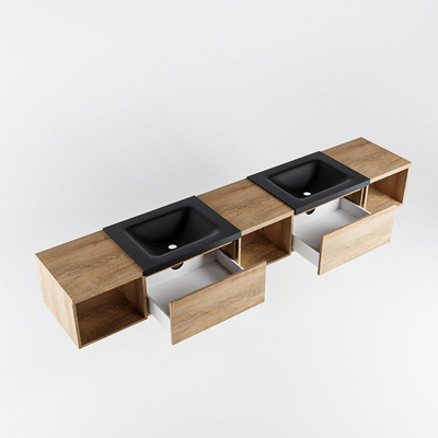 MONDIAZ BUKLA 240cm ensemble de meuble avec module ouvert 40 L+M+R couleur Chêne blanchi avec 2 tiroirs. Lavabo CLOUD double 2 trous de robinet couleur Urbaine.