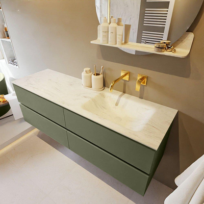 Mondiaz VICA-DLUX ensemble de meuble de salle de bain - 150cm - meuble sous-vasque armée - 4 tiroirs - lavabo encastré cloud droite - sans trous de robinet - version haute de 60cm - opalo