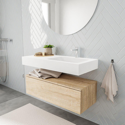 MONDIAZ ALAN 100cm - meuble bas - chêne blanchi - 1 tiroir - vasque suspendue - cuve à droite - 1 trou de robinet - talc