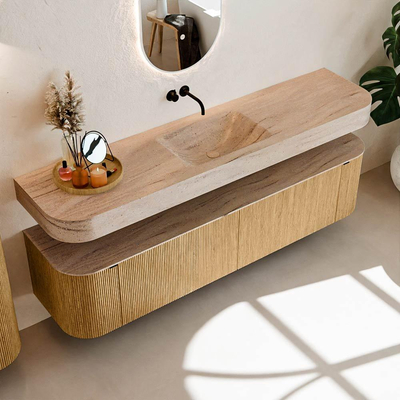 MONDIAZ THOR-DLUX 190cm badmeubel ronding links + rechts kleur Oak met 2 lades en 2 deuren. Vrijhangende wastafel CLOUD Midden zonder kraangat kleur Saba.