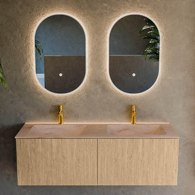 MONDIAZ KURVE-DLUX Meuble de salle de bains 130 cm couleur Oak avec 2 tiroirs et 0 portes. Vasque LEAF double 2 trous de robinet Saba.