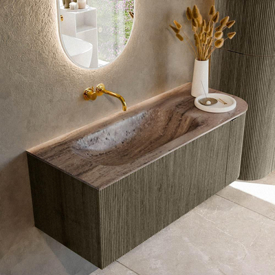 MONDIAZ KURVE-DLUX Meuble de salle de bains 115 cm arrondi à droite couleur Shadow avec 1 tiroir et 1 porte. Lavabo BIG SMALL à gauche sans trou de robinet Oza.