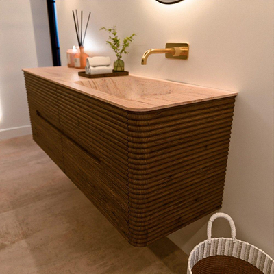 Mondiaz CIRO-DLUX Badkamermeubelset - 140x45x50cm - Solid surface wastafel Saba - 1 wasbak Rechts - zonder kraangaten - 4 lades - Dusk