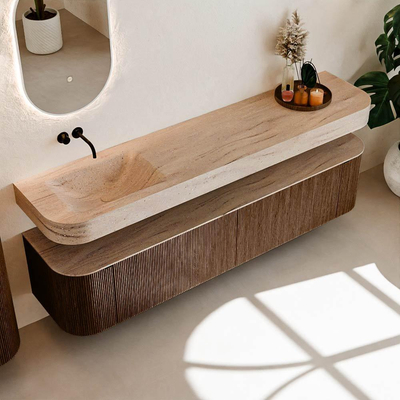 MONDIAZ THOR-DLUX Meuble de salle de bains - 200cm - arrondi gauche + droite - couleur Walnut - 2 tiroirs et 2 portes - Vasque suspendue CLOUD Gauche sans trou de robinet - couleur Saba