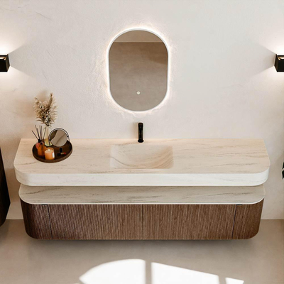 MONDIAZ THOR-DLUX Meuble de salle de bains - 200cm - arrondi gauche + droite - couleur Walnut - 2 tiroirs et 2 portes - Vasque suspendue CLOUD Milieu 1 trou de robinet - couleur Meli