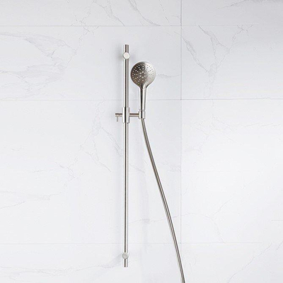 Fortifura Calvi Ensemble de douche avec barre curseur - douchette ronde - flexible lisse - Inox brossé PVD