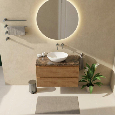 Saniclass Holz Atelier Ensemble de meubles de salle de bains - 100x45x63cm - Plan de toilette en pierre naturelle Noche dark emperador - sans trou de robinetterie - 2 tiroirs - chêne natural mat (bois)