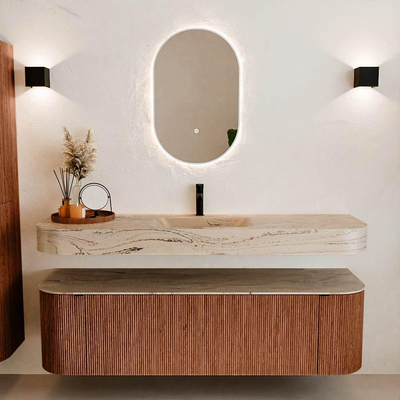 MONDIAZ THOR-DLUX 160cm meuble de salle de bains arrondi gauche + droite couleur Ruby avec 1 tiroir et 2 portes. Vasque suspendue CLOUD Milieu 1 trou de robinet couleur Arena.