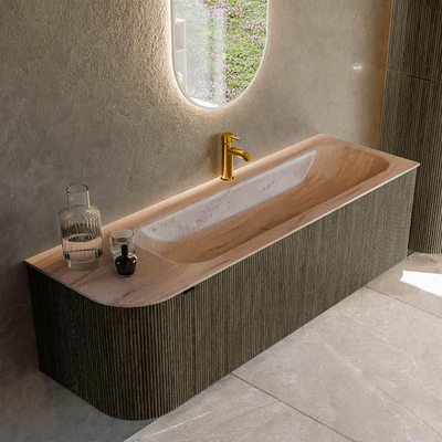 MONDIAZ KURVE-DLUX Meuble de salle de bains 145cm arrondi à gauche couleur Shadow avec 1 tiroir et 1 porte. Lavabo BIG LARGE à droite 1 trou de robinet Saba.