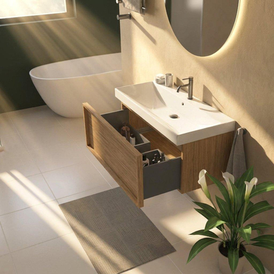Saniclass Holz Frame Ensemble meuble de salle de bains - 100x45x47.5cm - Wave lavabo en céramique - 1 vasque - 1 trou de robinetterie - 1 tiroir - chêne natural mat (bois)