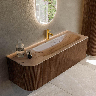 MONDIAZ KURVE-DLUX 135cm badmeubel ronding Links kleur Walnut met 1 lade en 1 deur. Wastafel BIG MEDIUM Rechts 1 kraangat Arena.