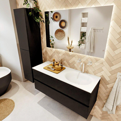 MONDIAZ VICA meuble sous lavabo 120cm Urban 2 tiroirs. Lavabo MOON droite 1 trou de robinet, couleur Talc.