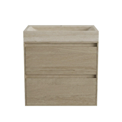 Forzalaqua Ibiza Ensemble meuble de salle de bains - 80x50x70cm - 2 tiroirs - lavabo en travertin - 1 trou de robinet - jeu de supports - bouchon de vidage - smoke