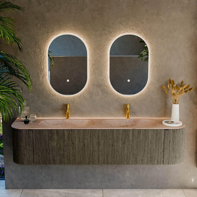 MONDIAZ KURVE-DLUX Meuble de salle de bains 190cm arrondi Gauche + Droite couleur Shadow avec 2 tiroirs et 2 portes. Plan-vasque STOR SMALL Double 2 trous de robinet Saba.