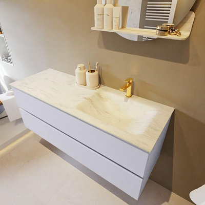 Mondiaz VICA-DLUX ensemble de meuble de salle de bain - 130cm - meuble sous-vasque cale - 2 tiroirs - lavabo encastré cloud droite - 1 trou de robinet - version haute de 60cm - opalo