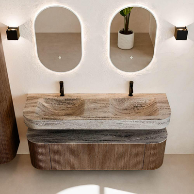 MONDIAZ THOR-DLUX 150cm badmeubel ronding links + rechts kleur Walnut met 1 lade en 2 deuren. Vrijhangende wastafel CLOUD Dubbel 2 kraangaten kleur Oza.