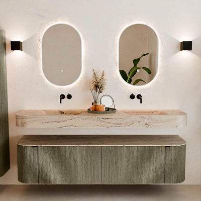 MONDIAZ THOR-DLUX 180cm meuble de salle de bains arrondi gauche + droite couleur Shadow avec 2 tiroirs et 2 portes. Vasque suspendue CLOUD Double sans trou de robinet couleur Arena.