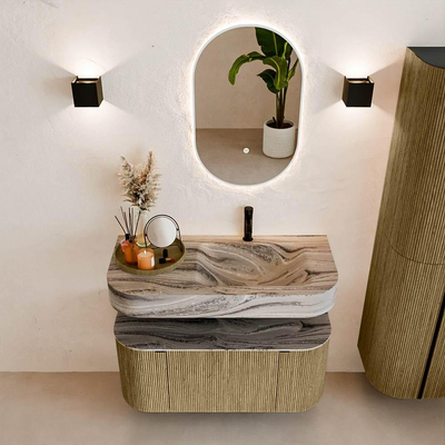 MONDIAZ THOR-DLUX 100cm meuble de salle de bains arrondi gauche + droite couleur Dusk avec 1 tiroir et 2 portes. Vasque suspendue CLOUD Droite 1 trou de robinet couleur Sombra.