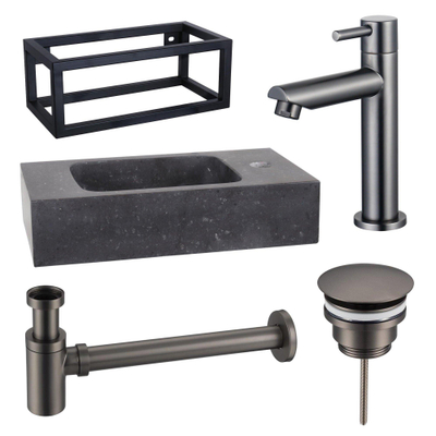 FugaFlow Eccelente Pietra ensemble de lavabo - 40x22x24,5cm - 1 trou de robinet - pierre naturelle - cadre noir - robinet de lavabo gunmetal - noir