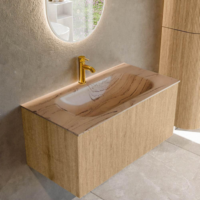 MONDIAZ KURVE-DLUX 90cm badmeubel kleur Oak met 1 lade en 0 deuren. Wastafel BIG SMALL Midden 1 kraangat Arena.