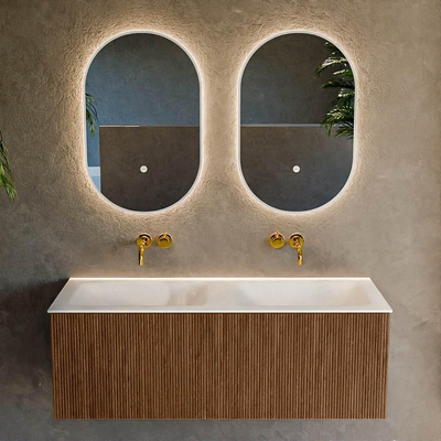 MONDIAZ KURVE 120cm Meuble salle de bain - couleur Walnut - 1 tiroir - vasque CLOUD double - sans trous de robinet - Talc