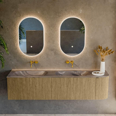 MONDIAZ KURVE-DLUX 175cm meuble de salle de bains arrondi Droite couleur Dusk avec 2 tiroirs et 1 porte. Lavabo STOR SMALL Double / Gauche sans trou de robinet Sombra.