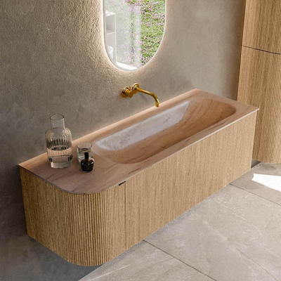 MONDIAZ KURVE-DLUX 135cm badmeubel ronding Links kleur Oak met 1 lade en 1 deur. Wastafel BIG MEDIUM Rechts zonder kraangat Saba.