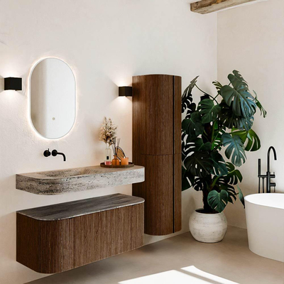 MONDIAZ THOR-DLUX 110cm badmeubel ronding links + rechts kleur Walnut met 1 lade en 2 deuren. Vrijhangende wastafel CLOUD Links zonder kraangat kleur Oza.