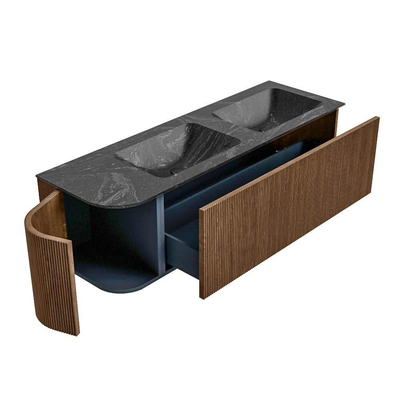 MONDIAZ KURVE-DLUX 145cm Meuble salle de bain avec module 25 G - couleur Walnut - 1 tiroir - 1 porte - vasque LEAF double / droite - 2 trous de robinet - couleur Lava