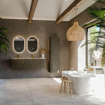 MONDIAZ KURVE-DLUX Meuble de salle de bains 145cm arrondi à droite couleur Shadow avec 1 tiroir et 1 porte. Lavabo LEAF Double / Gauche 2 trous de robinet Sombra.