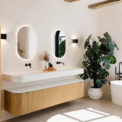 MONDIAZ THOR Meuble de salle de bains - 200cm - arrondi gauche + droite - couleur Oak - 2 tiroirs et 2 portes - Vasque suspendue CLOUD Double sans trou de robinet - couleur Talc