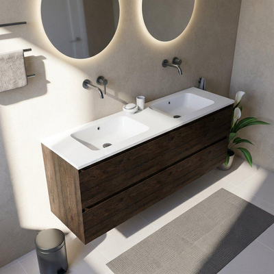 Saniclass Holz Pure Ensemble meuble de salle de bains - 160x45x77.5cm - vasque Torino en solid surface blanc - sans trou de robinetterie - 4 tiroirs - chêne charcoal mat (bois)