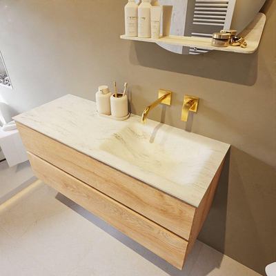 MONDIAZ VICA-DLUX Ensemble meuble de salle de bains - 120cm - meuble bas Washed oak - 2 tiroirs - lavabo encastré cloud à droite - sans trous de robinet - version haute 60cm - opalo