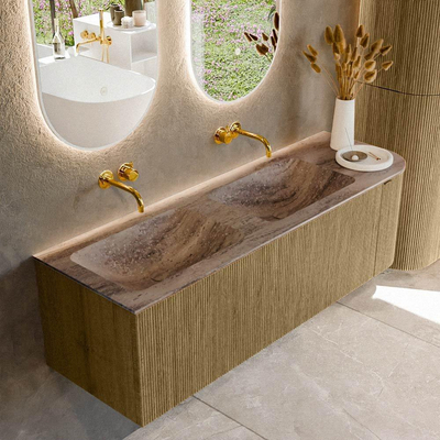 MONDIAZ KURVE-DLUX Meuble de salle de bains 145cm arrondi à droite couleur Dusk avec 1 tiroir et 1 porte. Lavabo LEAF Double / Gauche sans trou de robinet Oza.