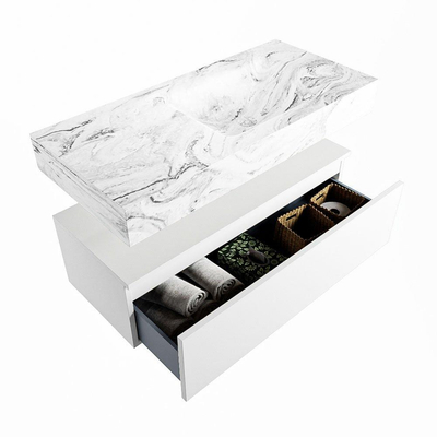 Mondiaz ALAN-DLUX Ensemble de meuble - 100cm - meuble Talc mat - 1 tiroir - Lavabo Cloud Glace suspendu - vasque Droite - 1 trou de robinet