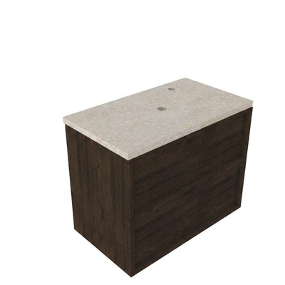Saniclass Holz Frame Ensemble de meubles de salle de bains - 80x45x63cm - Plan de travail en pierre naturelle travertin - 1 trou de robinet - 2 tiroirs - chêne charbon mat (bois)