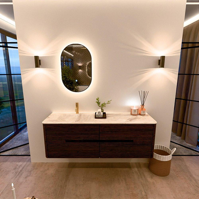 Mondiaz CIRO-DLUX Badkamermeubelset - 150x45x50cm - Solid surface wastafel Frappe - 1 wasbak Links - 1 kraangat - 4 lades - Walnut