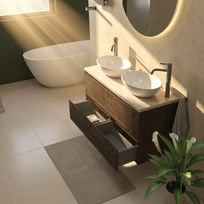 Saniclass Holz Pure Ensemble de meubles de salle de bains - 120x45x63cm - Plan de travail en pierre naturelle travertin - 2 trous de robinetterie - 4 tiroirs - chêne charcoal mat (bois)