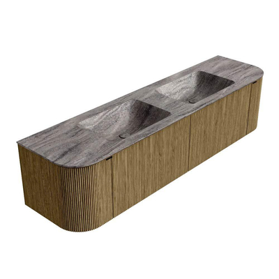 MONDIAZ KURVE-DLUX Meuble de salle de bains 180cm arrondi Gauche + Droite couleur Dusk avec 2 tiroirs et 2 portes. Lavabo LEAF Double sans trou de robinet Oza.